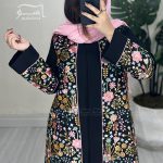 مانتو لینن سوزندوزی مشکی صورتی کد 721