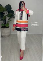 مانتو ژاکارد سفید صورتی کد 731 - تصویر 2