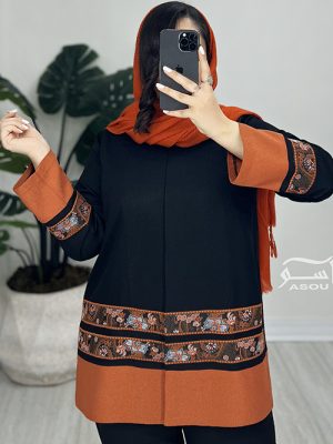 مانتو مشکی نارنجی نواردوزی